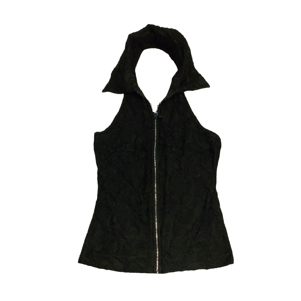Black Vest Sleeveless Club Rhinestones Full Zip Large Vintage